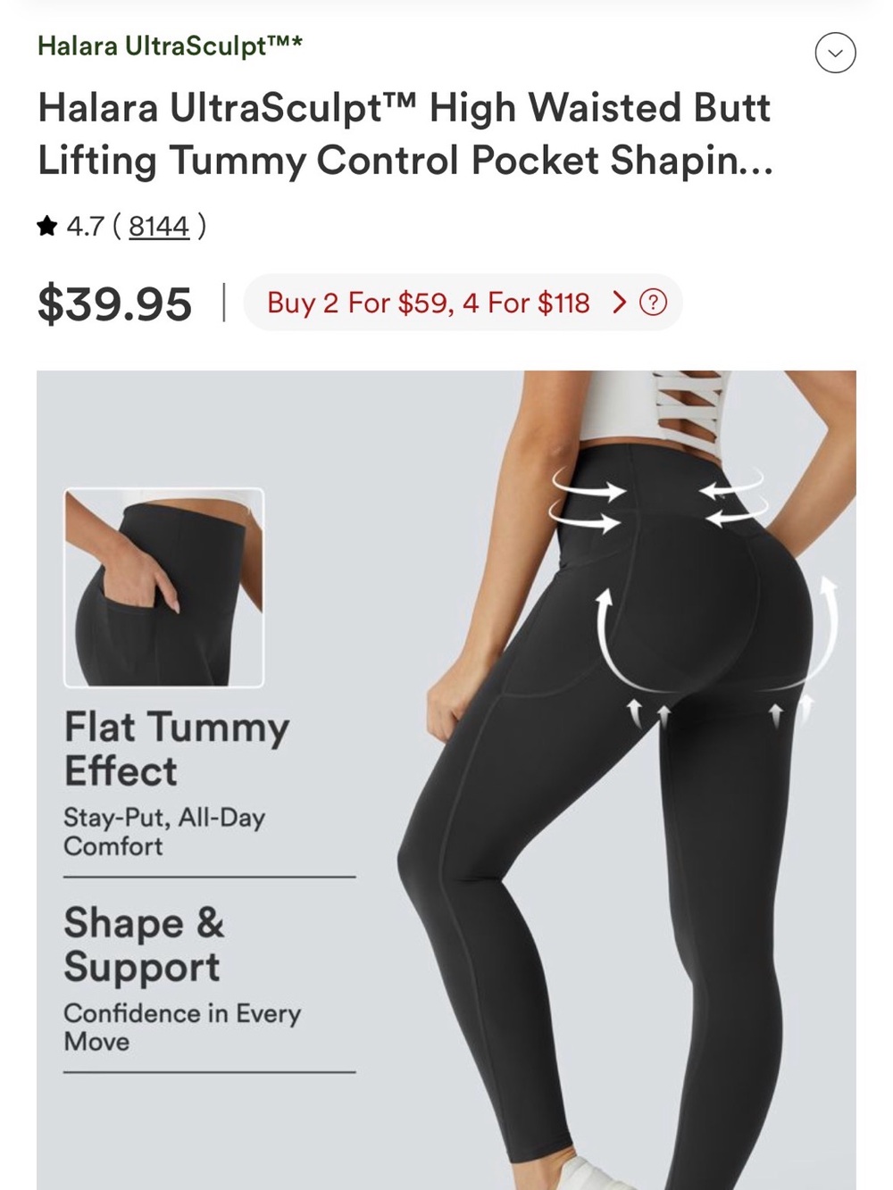 HALARA Black UltraSculpt High-Waisted Butt-Lift Leggings with Pockets